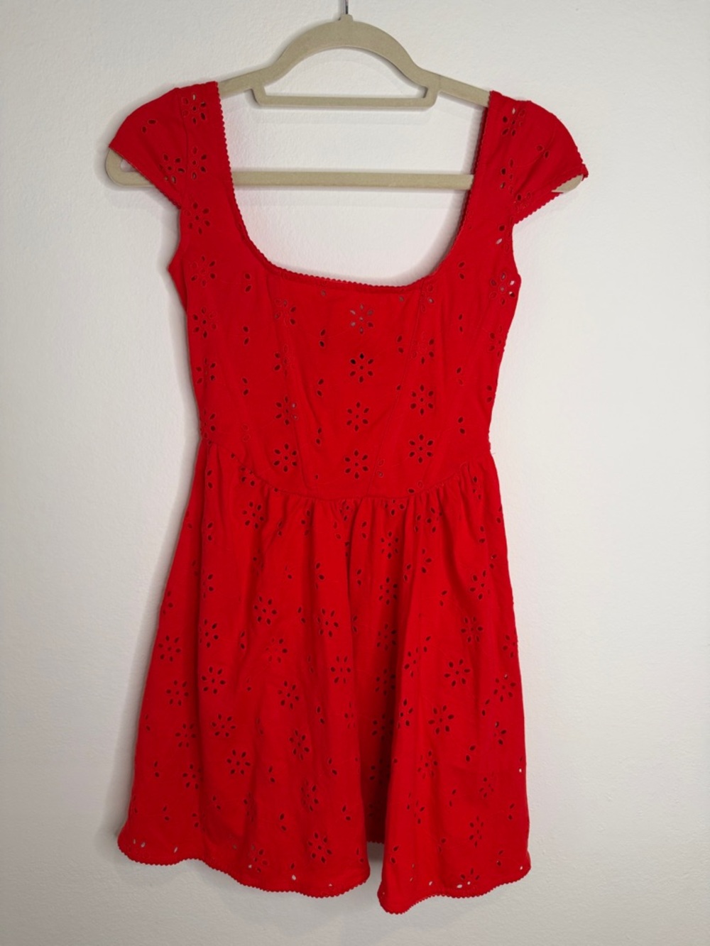 ASOS DESIGN Red Eyelet Mini Dress Boned Bodice Cottagecore Fit & Flare NWT